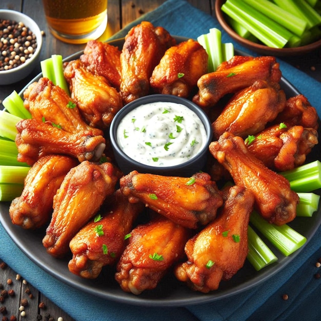 a plate of chicken wings and a cup of ranch dressing