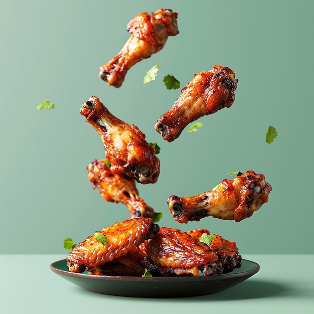 a plate of chicken wings is shown with a green background