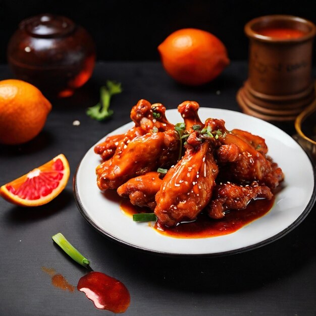 Photo a plate of chicken wings and oranges with a red sauce