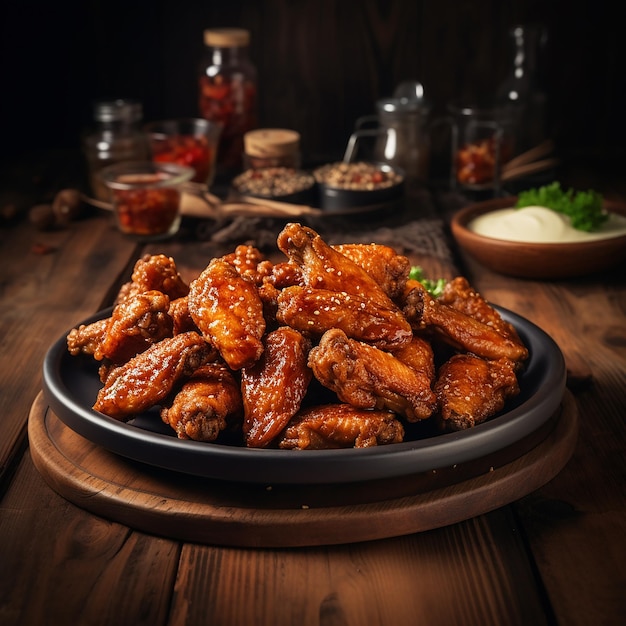 a plate of chicken wings sits on a table