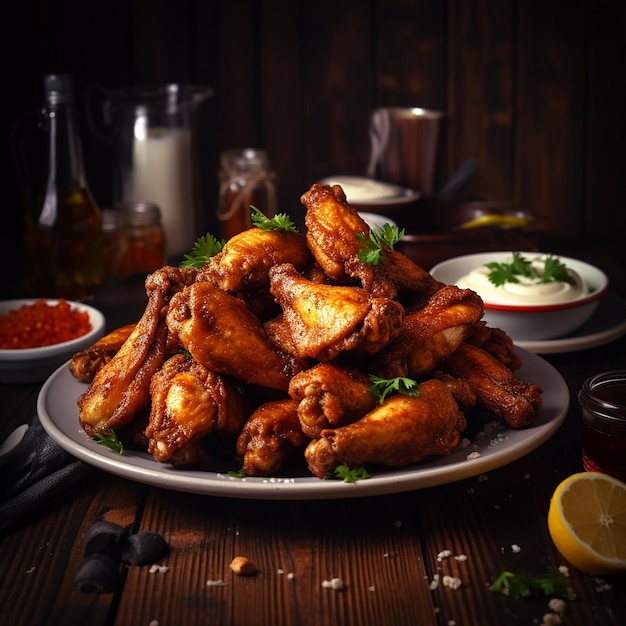 a plate of chicken wings sits on a table