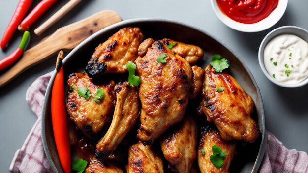 A plate of chicken wings with a bowl of sauce and a bowl of chili on the side.