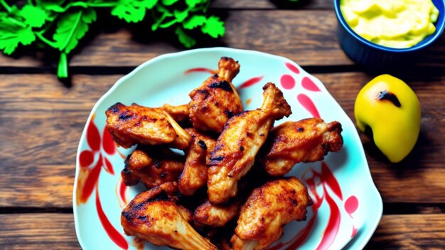 A plate of chicken wings with a bowl of sauce on the side.