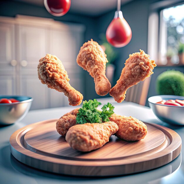 Photo a plate of chicken wings with broccoli on it and a bowl of lettuce on the table