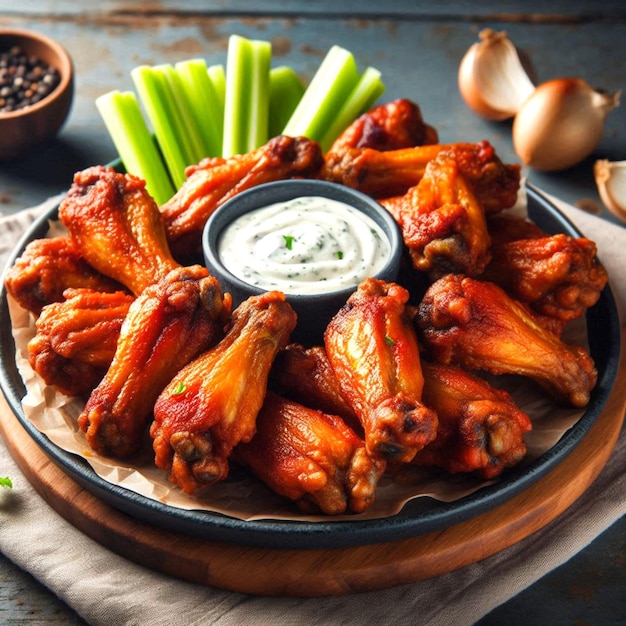 a plate of chicken wings with a cup of dip and a bowl of condiments