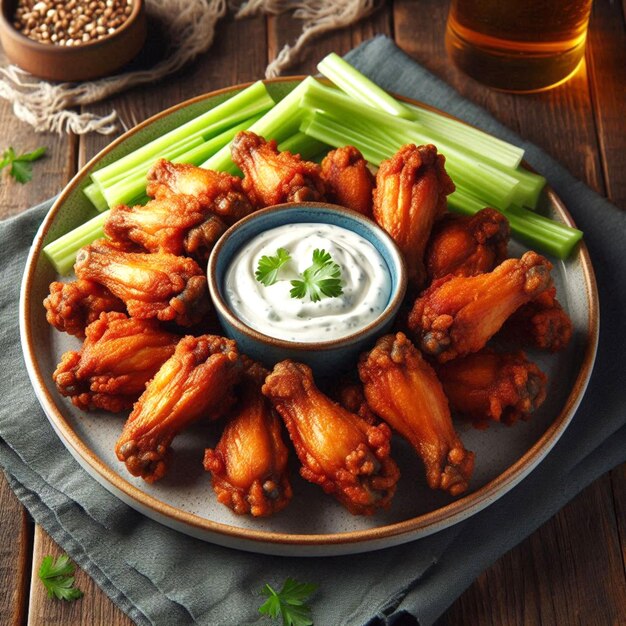 a plate of chicken wings with a cup of ranch dressing