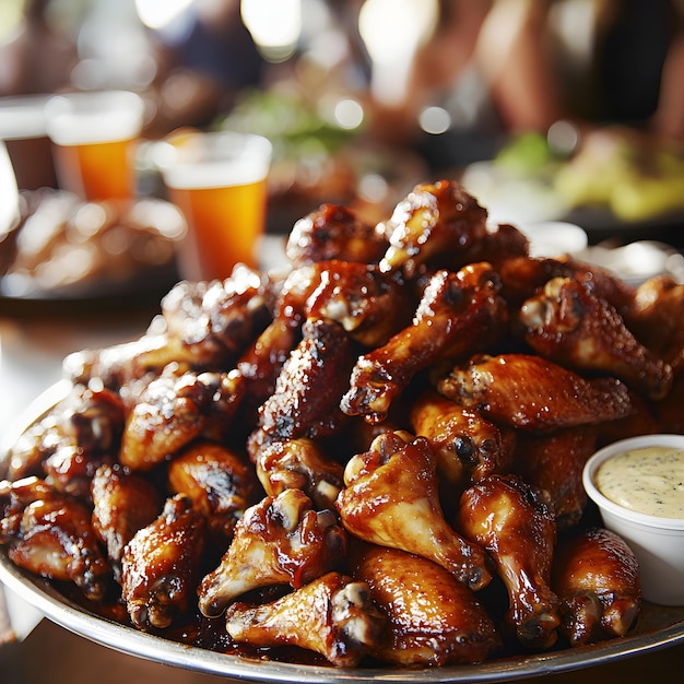 Photo a plate of chicken wings with a dipping sauce and a cup of dipping sauce