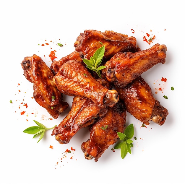 a plate of chicken wings with a green garnish on the top