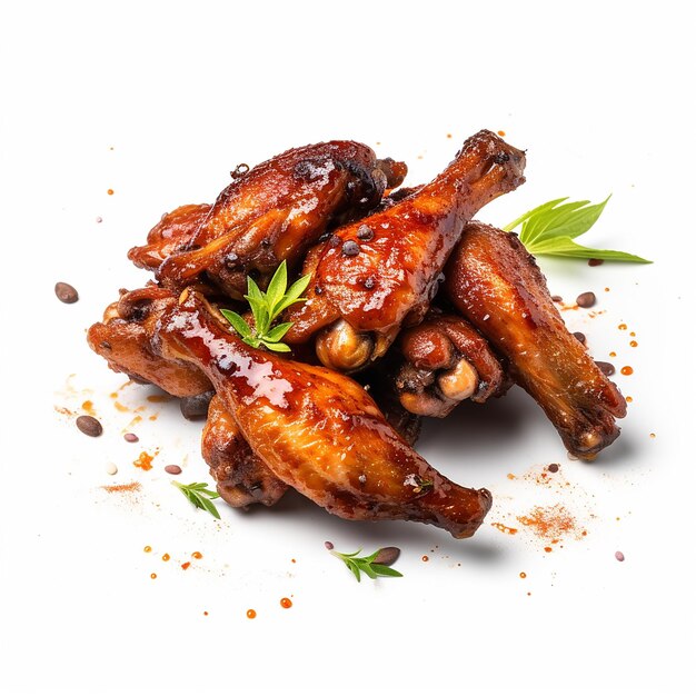 a plate of chicken wings with a green garnish on the top