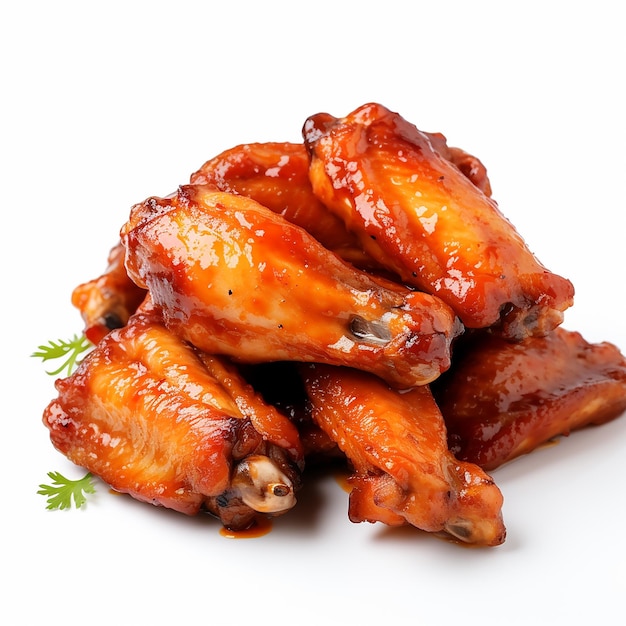 a plate of chicken wings with a green garnish on the top