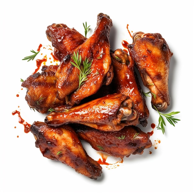 a plate of chicken wings with a green garnish on the top