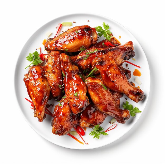 a plate of chicken wings with a green garnish on the top