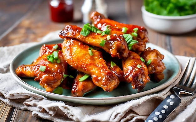 a plate of chicken wings with ketchup and parsley