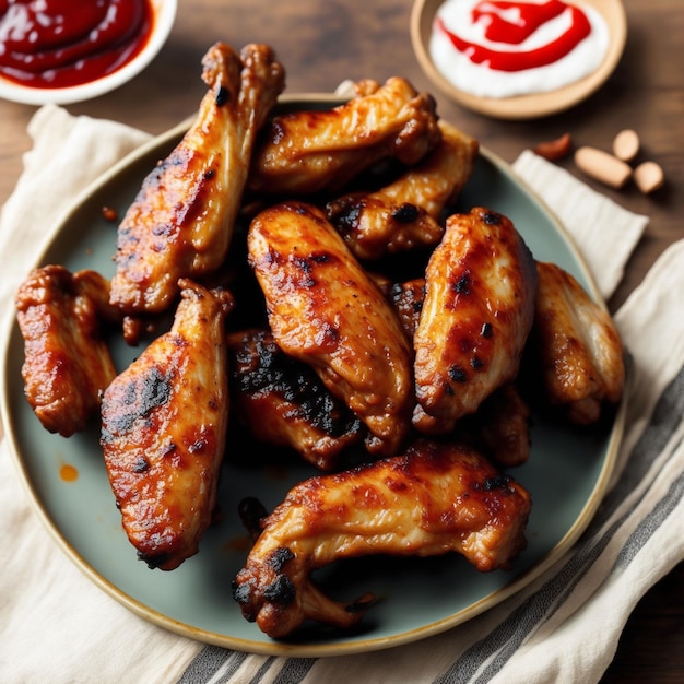 A plate of chicken wings with ketchup on the side.