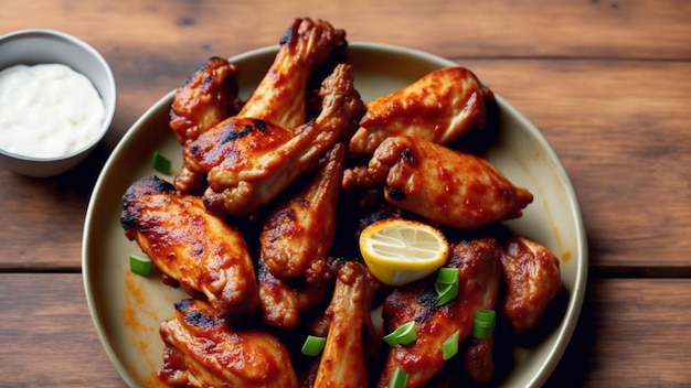 A plate of chicken wings with a lemon slice on the side