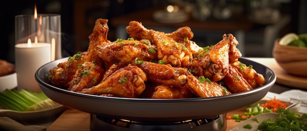 A plate of chicken wings with a red sauce on top.