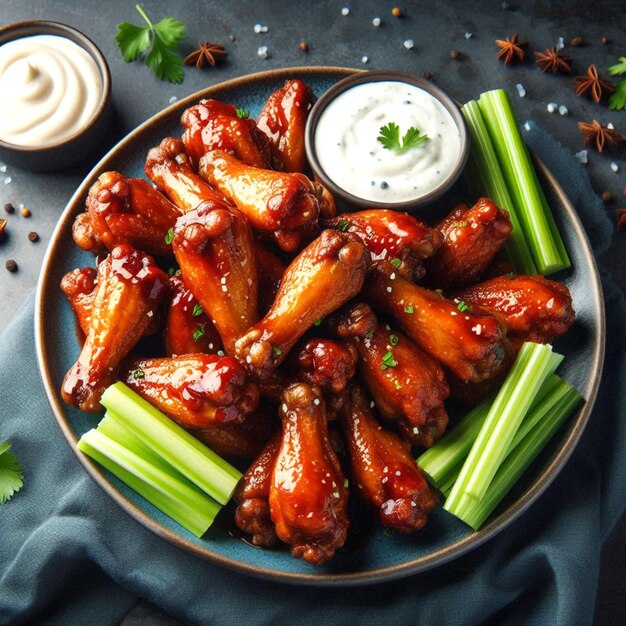 Photo a plate of chicken wings with a side of dip and a bowl of dip