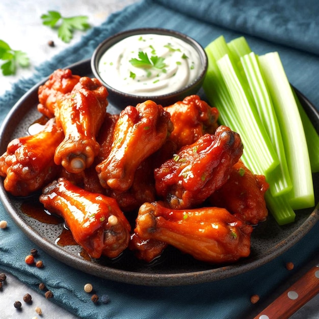 a plate of chicken wings with a side of dip and a bowl of dip