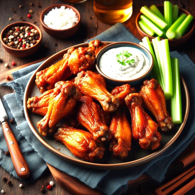 a plate of chicken wings with a side of dip and dip