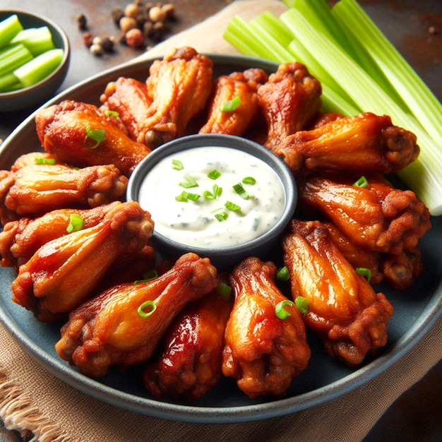 a plate of chicken wings with a side of dip