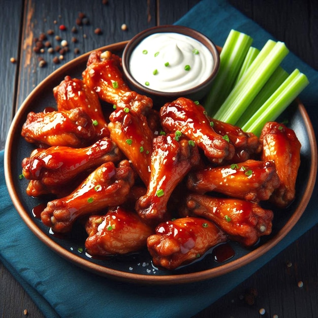 a plate of chicken wings with a side of dip