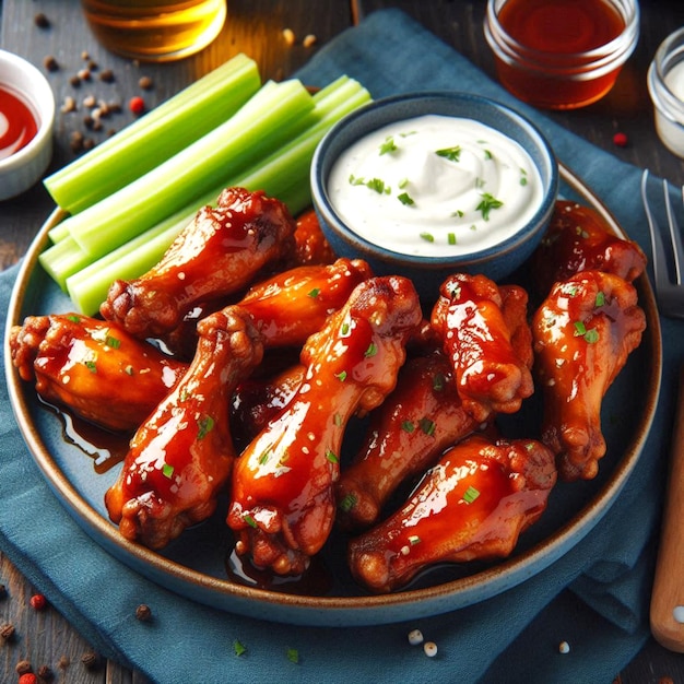 a plate of chicken wings with a side of dips and dips