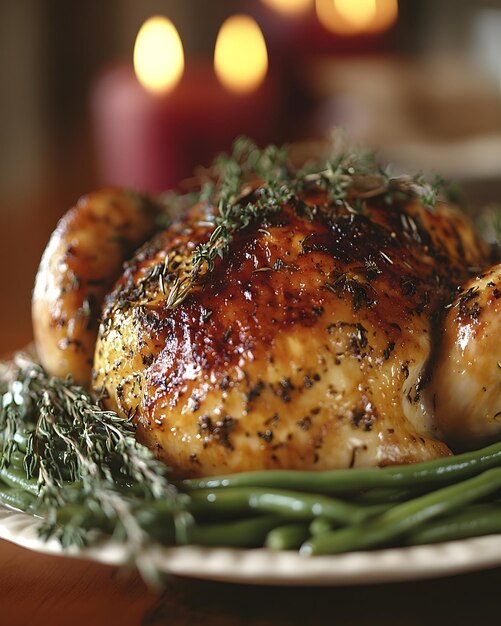 Photo a plate of chicken with herbs and herbs on it