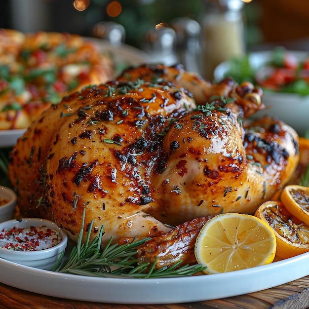 a plate of chicken with lemons and herbs on it