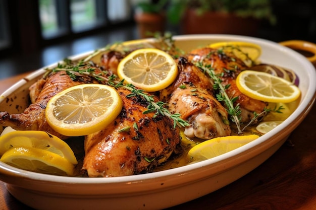 Photo a plate of chicken with lemons and herbs.