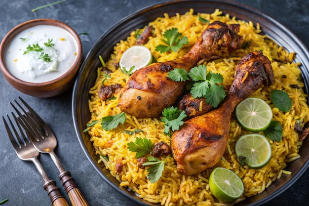 a plate of chicken with rice and lemon and lime