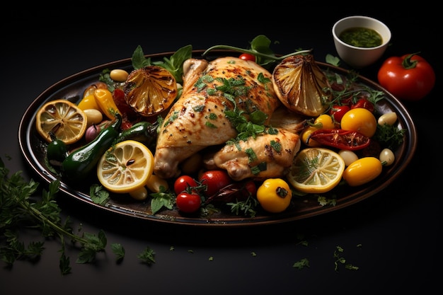 a plate of chicken with vegetables and a lemon high quality