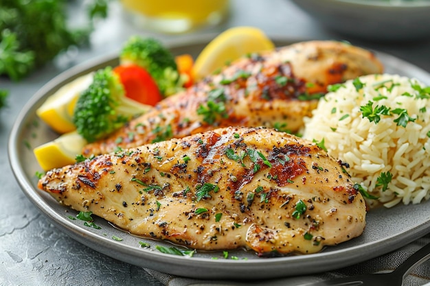 A plate of chicken with vegetables and rice on a table