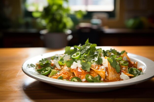 Plate of chilaquiles garnished food