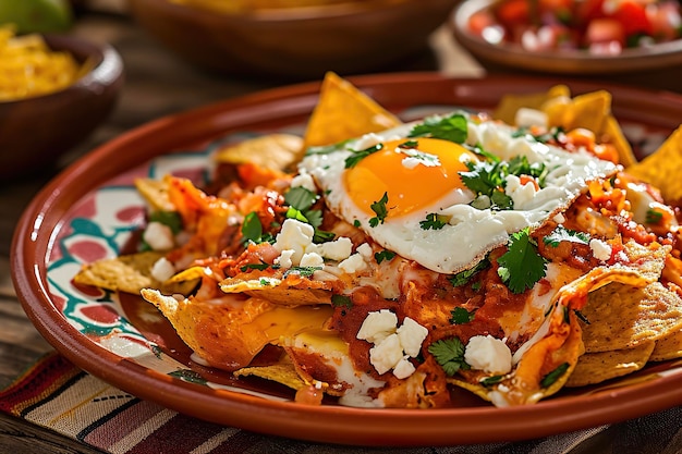 A plate of chilaquiles a traditional Mexican breakfast dish made with tortilla chips salsa and eggs