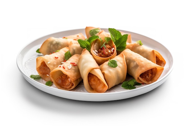 A plate of chinese food on a white background