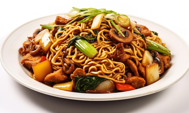 A plate of chinese food with a plate of noodles.