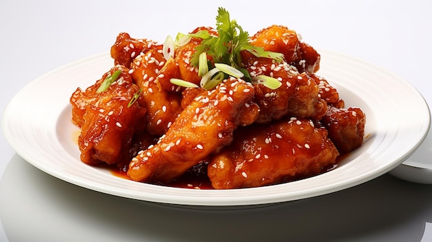 A plate of chinese food with a red sauce and sesame seeds.