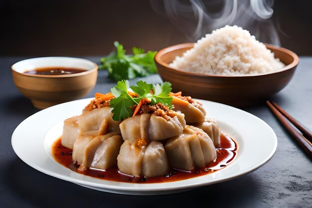 a plate of chinese food with rice and a bowl of rice.