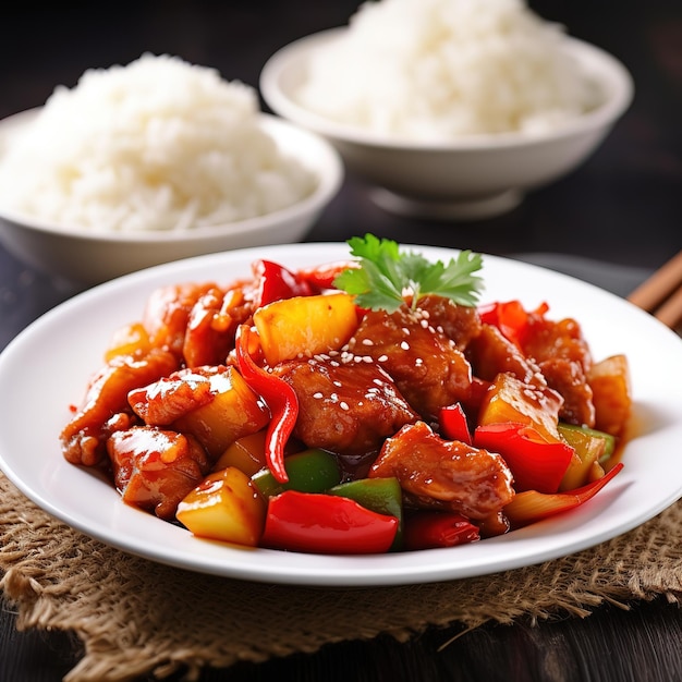 A plate of chinese food with rice and a chopstick on the side