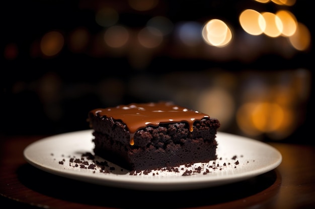 A plate of chocolate brownies with a dark background