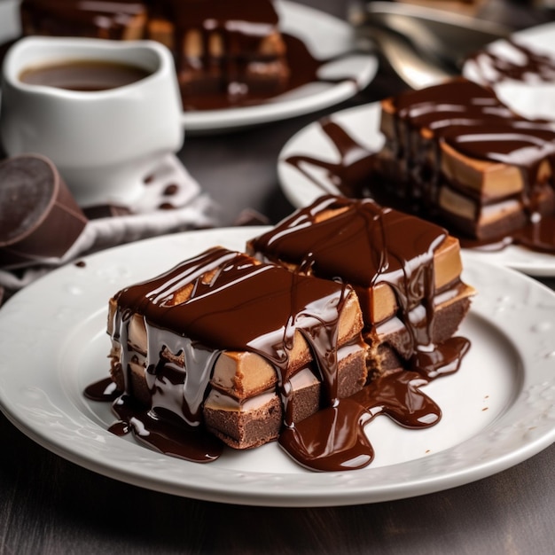 A plate of chocolate cake with a drizzle of chocolate on top.