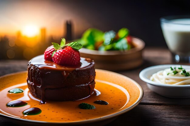 Photo a plate of chocolate cake with a strawberry on it