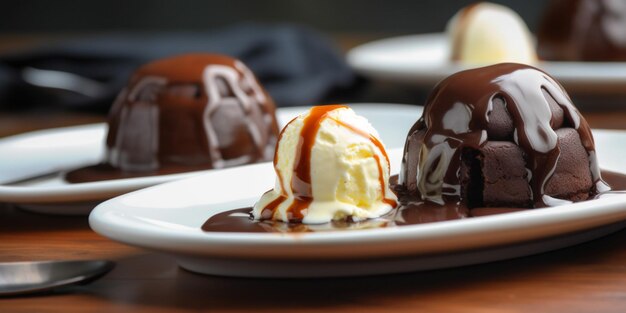 A plate of chocolate cake with vanilla ice cream and caramel sauce.