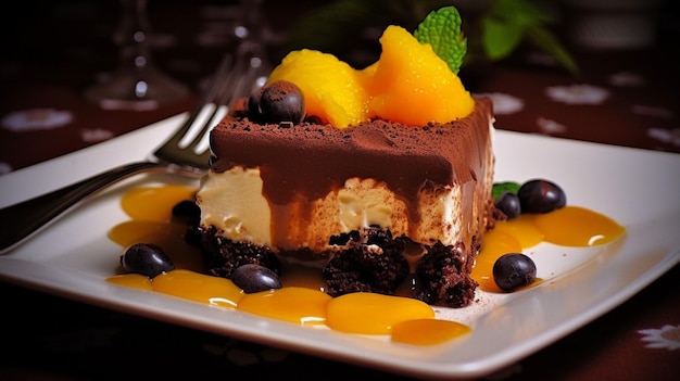 A plate of chocolate cheesecake with a caramel sauce and blueberries.