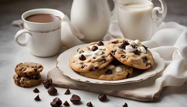 a plate of chocolate chip cookies and a cup of coffee