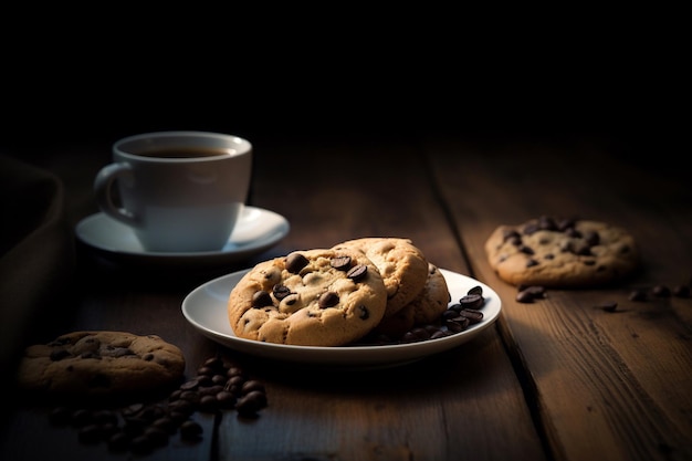 A plate of chocolate chip cookies with coffee beans on the table.