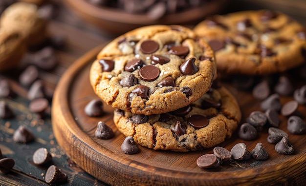 A plate of chocolate chip cookies with a pile of chocolate chips on top