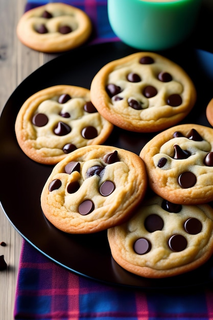 A plate of chocolate chip cookies with a red and black plaid napkin