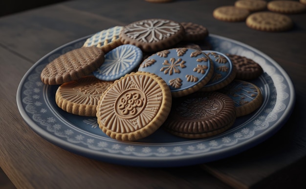 A plate of chocolate cookies with a floral pattern. ai generated