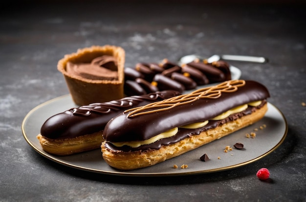 Photo a plate of chocolate covered donuts with a cup of coffee and a small cup of coffee